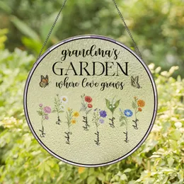 Personalized Grandma's Garden Birth Flower Suncatcher – Custom 1-8 Grandkids Names Stained Glass Border, Christmas Gift