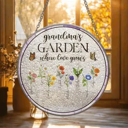 Personalized Grandma's Garden Birth Flower Suncatcher – Custom 1-8 Grandkids Names Stained Glass Border, Christmas Gift