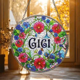 Personalized Morning Glory Suncatcher – Custom Gigi Name Flower Wreath Stained Glass Decor, Christmas Gift for Grandma