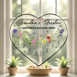 Personalized Heart Birth Flower Suncatcher – Custom Grandkids Names Happiness Blooms Here, Christmas Gift for Grandma