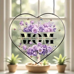 Personalized Purple Rose Mom Suncatcher – Custom Kids Names Split Monogram Window Hanging, Christmas Gift for Mother