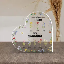 Personalized First Mom Now Grandma Plaque – Custom Wildflower Heart Acrylic with Grandkids Names, Christmas Gift