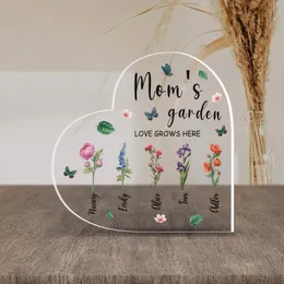 Personalized Mom's Garden Birth Flower Heart Plaque – Custom Kids Names Acrylic Keepsake, Christmas Gift for Mom