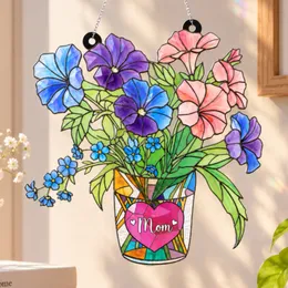 Personalized Flower Vase Ornament – Custom Mom Heart Name Petunia Bouquet Acrylic Decor, Christmas Gift for Mother