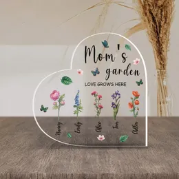 Personalized Mom's Garden Birth Flower Heart Plaque – Custom Kids Names Acrylic Keepsake, Christmas Gift for Mom