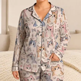 Playful Pastel Cat Faces for Cozy Family Nights and Sweet Home Lounging Satin Pajamas Set