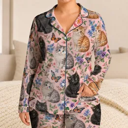 Playful Kittens And Garden Blossoms For Relaxed Springtime Lounging At Home Satin Pajamas Set