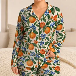 Orange Grove and Blue Blossom Motifs for Cheerful Summer Lounging Satin Pajamas Set