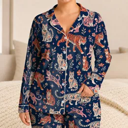 Navy Tiger and Cat Motifs for Cozy Holiday Lounging and Everyday Comfort at Home Satin Pajamas Set