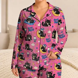 Black Kitten Moon And Pillow Scenes for Cozy Bedtime Evenings and Sleepovers for Girls Satin Pajamas Set