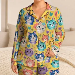 Colorful Cartoon Cat Faces for Cozy Spring Evenings and Cheerful Cat Lover Lounging Satin Pajamas Set