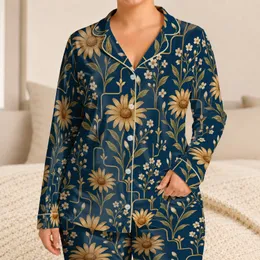 Golden Daisy and Vine Motifs for Refined Tropical Getaways and Relaxed Evenings Satin Pajamas Set