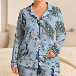 Watercolor Peacock Feather Motifs for Relaxed Evenings and Elegant Home Lounging Satin Pajamas Set