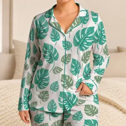 Mint Green Tropical Leaves for Relaxed Coastal Getaways and Everyday Summer Style Satin Pajamas Set