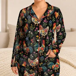 Colorful Floral Rooster Motifs for Cozy Farmhouse Mornings and Country Living Fans Satin Pajamas Set