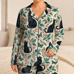 Black Cats, Teal Leaves And Coral Berries For Cozy Forest Lounging Satin Pajamas Set