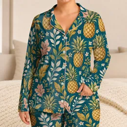 Teal Botanical Leaves and Golden Pineapples for Relaxed Spring and Summer Lounging at Home Satin Pajamas Set