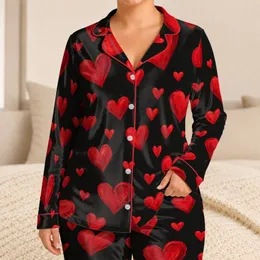 Scarlet Heart Motifs for Cozy Valentine Evenings and Romantic At-Home Lounging Nights Satin Pajamas Set