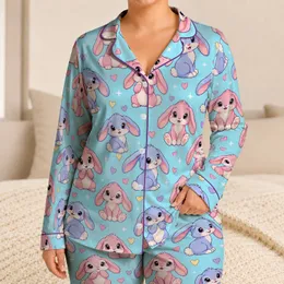 Cute Blue and Pink Baby Rabbits for Cozy Lounging and Sweet Gift Giving Satin Pajamas Set