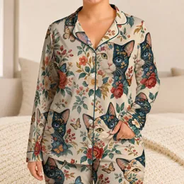 Color Block Botanical Cat Portraits for Cozy Evenings and Whimsical Gift Giving at Home Satin Pajamas Set