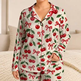 Cherry And Red Bow Motif For Romantic Spring Getaways And Cozy Gift Giving Satin Pajamas Set
