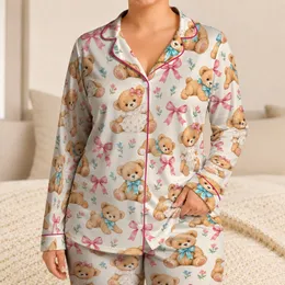 Cute Teddy Bears and Pink Bows for Cozy Bedtime Moments and Sweet Gift Giving Satin Pajamas Set