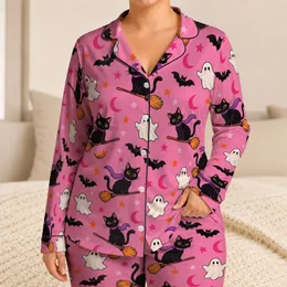 Pink Halloween Cats, Ghosts and Bats for Cozy October Nights and Festive Gifting Satin Pajamas Set