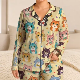 Colorful Cartoon Cat Faces for Cozy Evenings and Playful Lounging at Home for Her Satin Pajamas Set