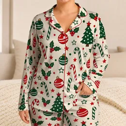 Red And Evergreen Christmas Ornaments, Candy Canes & Holly For Cozy Holiday Gifting Satin Pajamas Set