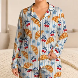 Croissant Cherry Blossom Motifs For Cozy Weekend Mornings And Sweet Gift Giving Satin Pajamas Set