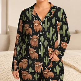 Cactus and Highland Yak Desert Whimsy for Cozy Winter Lounging Satin Pajamas Set