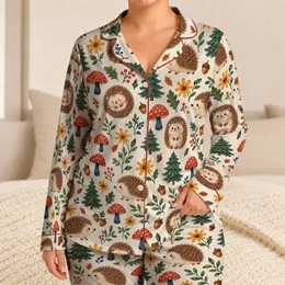 Woodland Hedgehog And Mushroom Motifs For Cozy Nature-Inspired Lounging Satin Pajamas Set