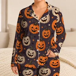 Jack-O'-Lantern Pumpkins and Stars for Cozy Halloween Nights and Autumn Lounging Satin Pajamas Set