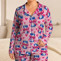 Blue Drink Cans With Pink Bows And Hearts For Cozy Giftable Lounging Satin Pajamas Set