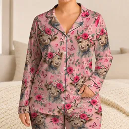 Highland Calf and Wildflower Motifs for Cozy Spring Mornings and Cottagecore Lounging Satin Pajamas Set
