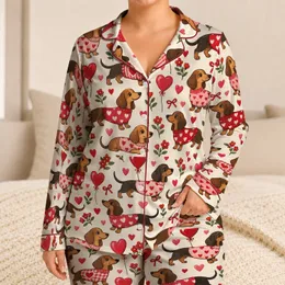 Heart Sweater Dachshunds for Valentine Cheer and Cozy Everyday Lounging Satin Pajamas Set