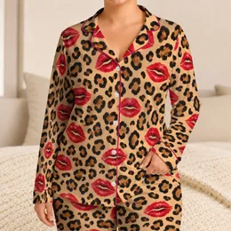 Leopard Spots And Raspberry Lip Marks For Playful At-Home Evenings And Weekend Lounging Satin Pajamas Set