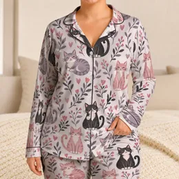 Cute Cat and Botanical Motifs for Birthday Gifting and Relaxed Lounging for Cat Lovers Satin Pajamas Set