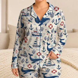 Blue Whale and Sailboat Ocean Motifs for Coastal Getaways and Relaxed Summer Lounging Satin Pajamas Set
