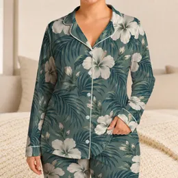 White Hibiscus and Teal Palm Leaves for Relaxed Tropical Island Holiday Escapes Satin Pajamas Set