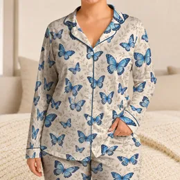 Blue Butterfly Vine Botanical Motif for Breezy Summer Resort and Holiday Style Satin Pajamas Set