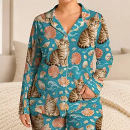 Tabby Kittens and Coastal Seashells for Relaxed Summer Getaways by the Shore Satin Pajamas Set