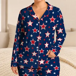 Navy Red and White Five-Point Stars for Coastal Holiday Lounging and Summer Evenings Satin Pajamas Set