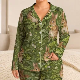Pastoral Rabbits Nibbling Garden Greens For Cozy Countryside Evenings And Relaxing Satin Pajamas Set