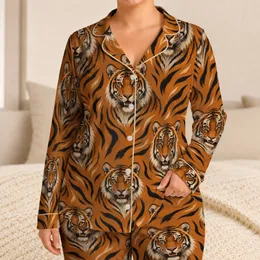 Majestic Tiger Faces in Amber Jungle Tones for Bold Coastal Getaways and Relaxed Lounging Satin Pajamas Set