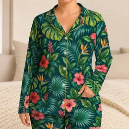 Tropical Palm Leaves And Hibiscus For Relaxed Summer Getaways Satin Pajamas Set