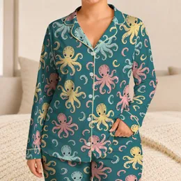 Pastel Octopus Motifs for Coastal Lounging and Relaxed Summer Evenings by the Seaside Satin Pajamas Set