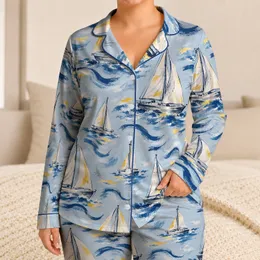 Abstract Sailboat Motifs for Coastal Getaways and Relaxed Summer Weekends by the Sea Satin Pajamas Set