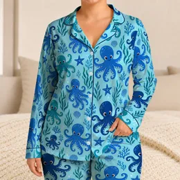 Blue Octopus Ocean Motifs for Relaxed Coastal Getaways and Easy Summer Lounging Satin Pajamas Set