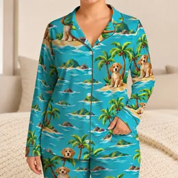 Geometric Puppy Palm Trees for Sunny Beach Days and Coastal Getaways Satin Pajamas Set